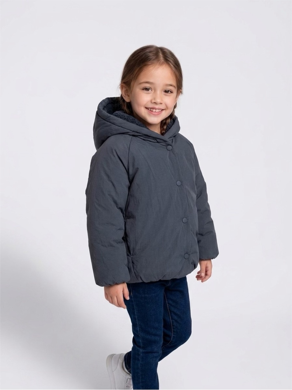 Kids Hooded Puffer Jacket - Charcoal color.